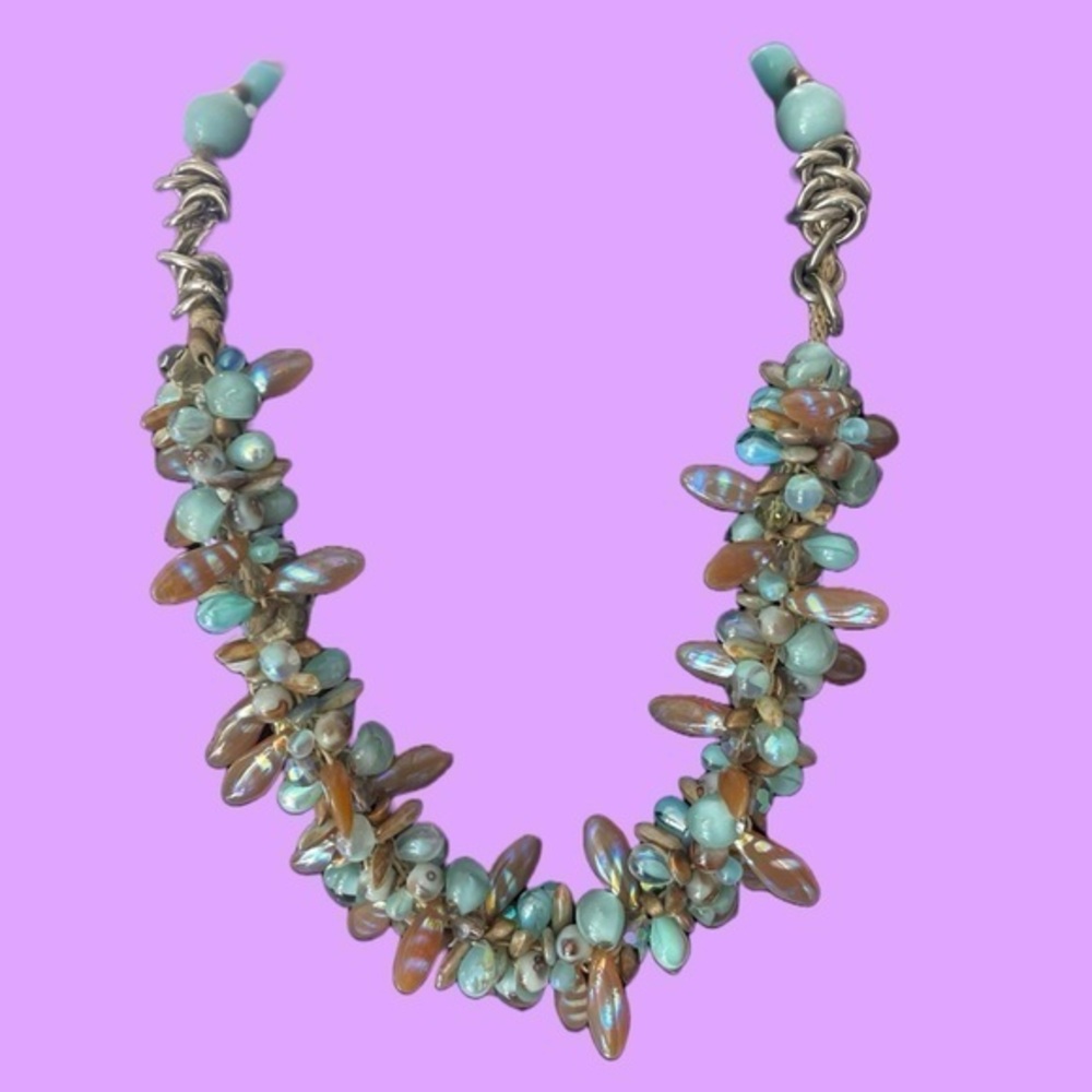 Turquoise and Silver Glass Beaded Necklace